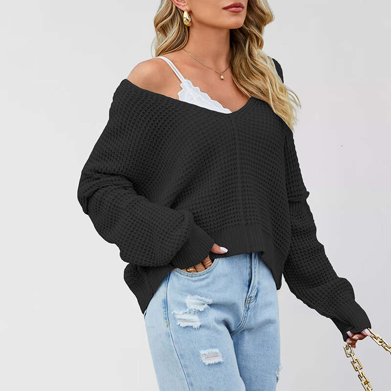 Autumn Winter Tiktok Women's Fashion New V-Neck Solid Color Off-Shoulder Knitwear B5