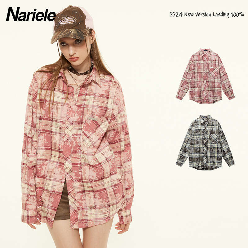 Vintage Plaid Polo Collar Design Color-Block College Style Casual Loose Shirt For Women B5