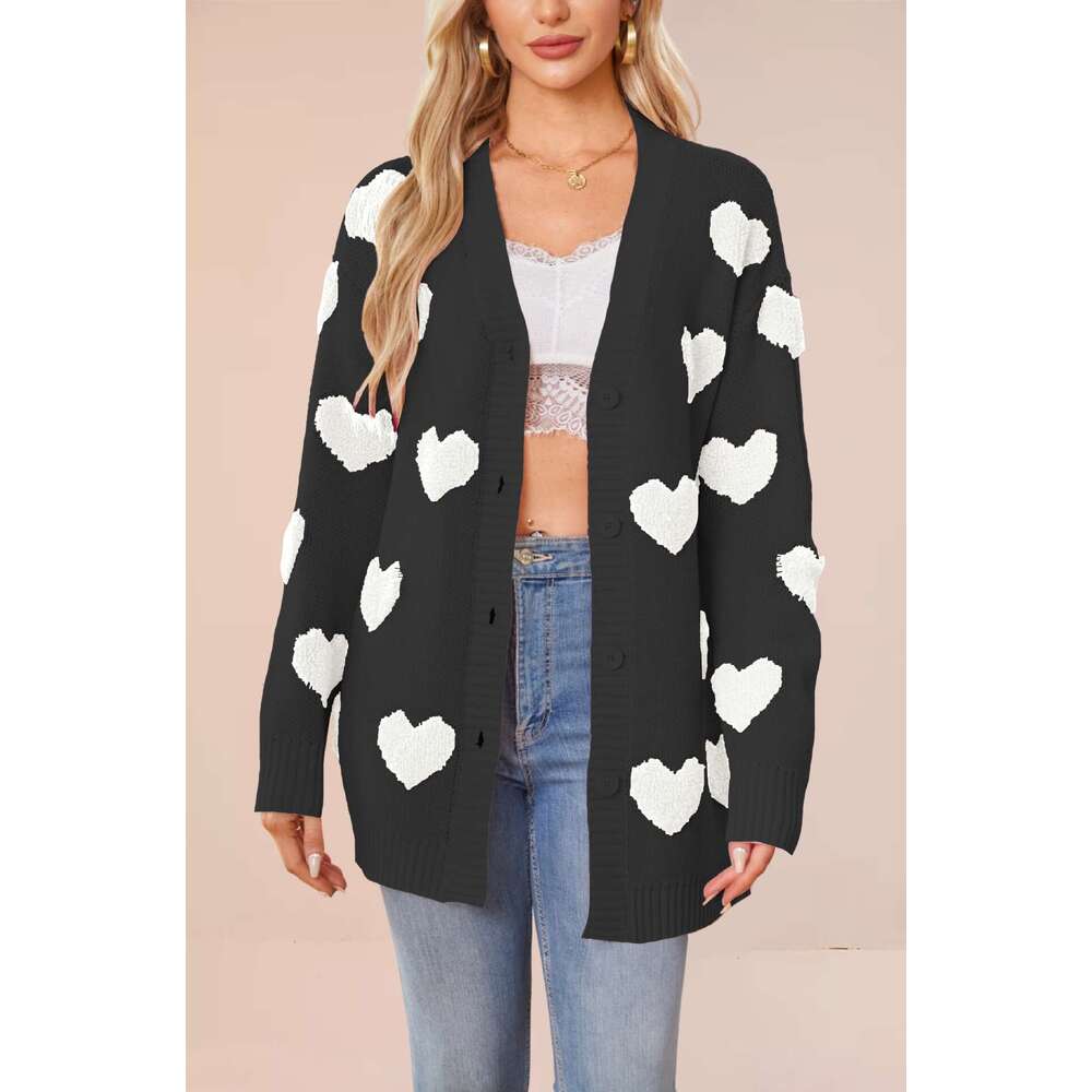 Women's New Fashion Temu Valentine's Day Heart Knitted Cardigan V-Neck Button Mid-Length Outerwear B5