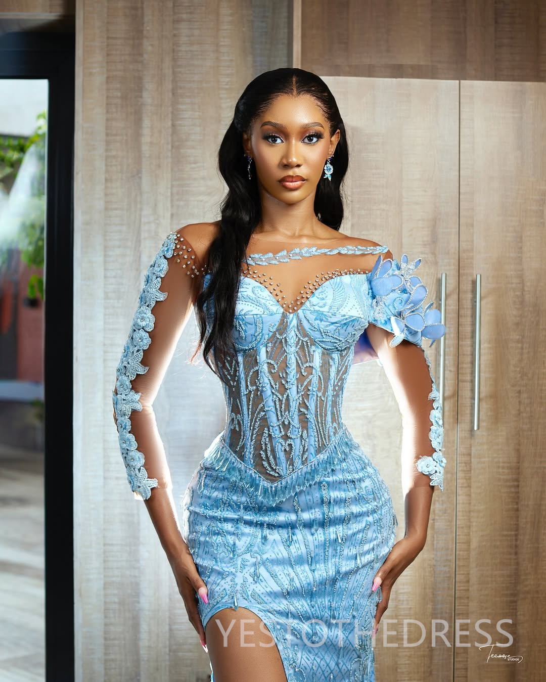 Sky Blue Mermaid Prom Dress 2025 Evening Dresses Robe De Sorrie Sheer Neck Illusion Beaded Lace Side Split Long Sleeves Birthday Dress Second Receptio