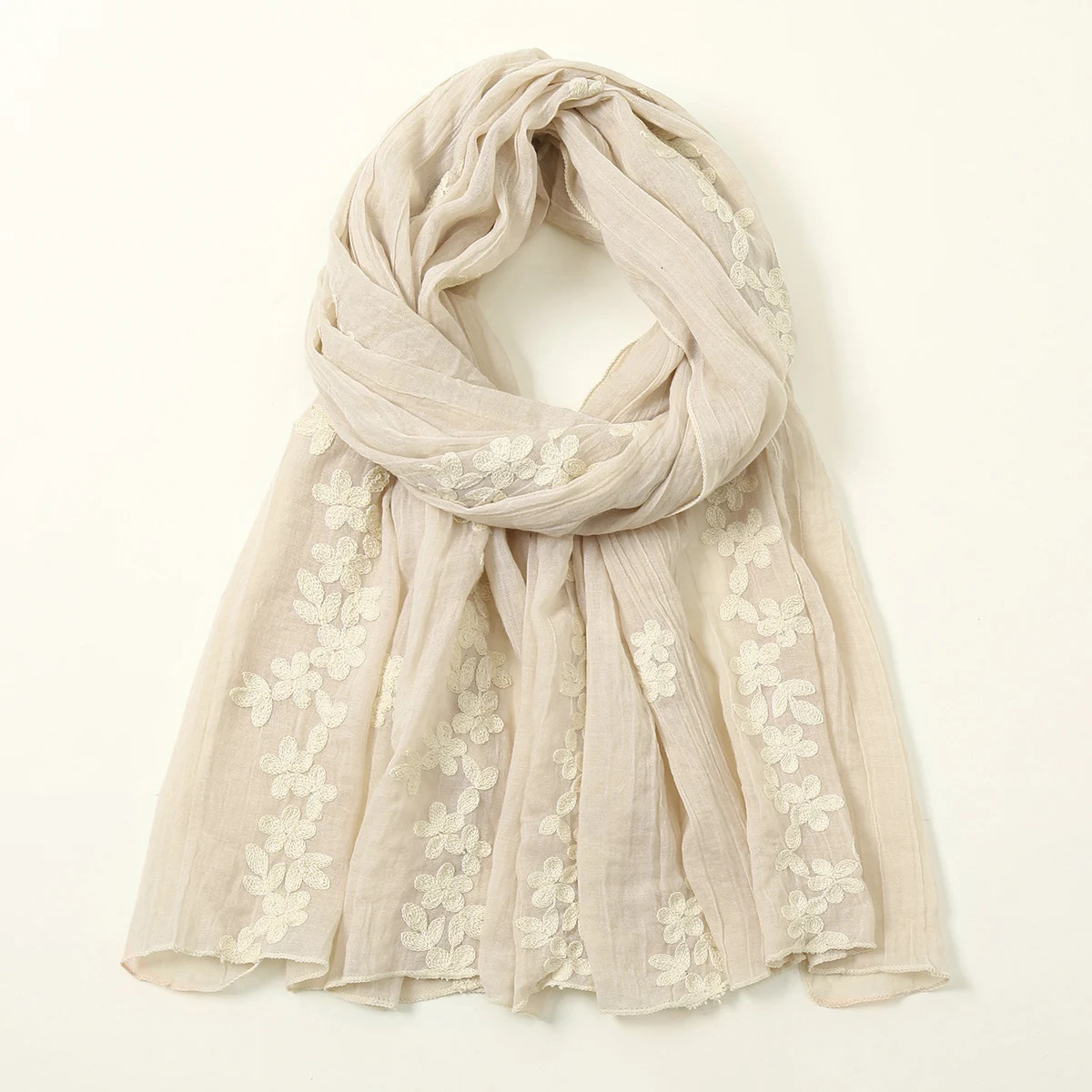 Fashion Embroidery Floral Long Scarf Hijab Woman Cotton Shawl Summer Solid Color Wraps For Ladies Casual Stole Headband 180*80cm 250818