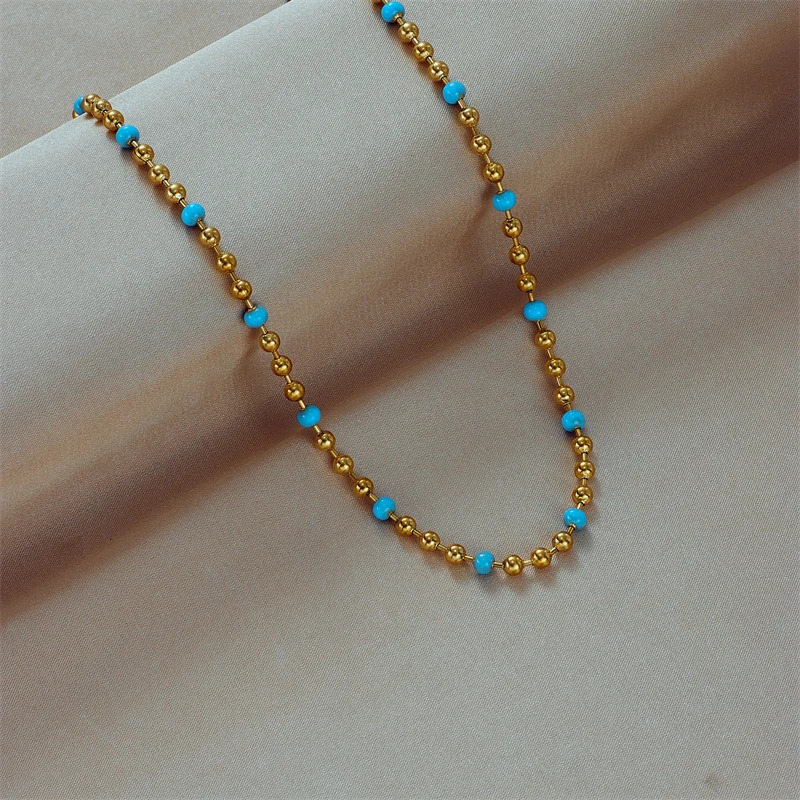 DIEYURO 316L Stainless Steel Gold Color Blue Beads Necklace For Women Vintage Girls Choker Chain Fashion Party Jewelry Gift 250815