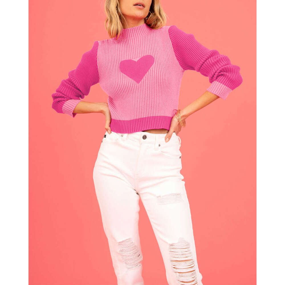 Autumn Winter Valentine's Day High Neck Color Block Heart Peach Slim Fit Women's Knitted Sweater B5