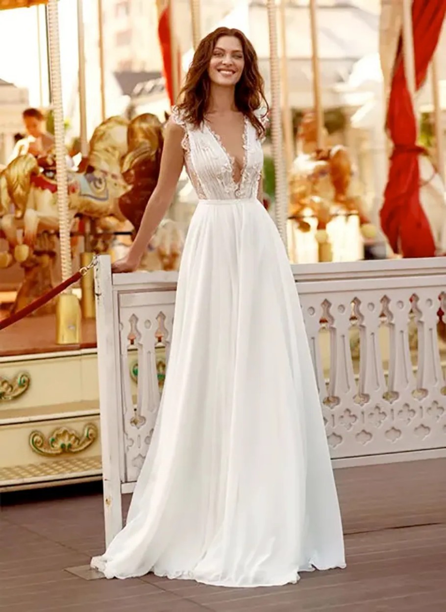 papilio bohemian dresses deep v neck lace appliques chiffon bridal gowns plus size beach wedding gown vestido de novia