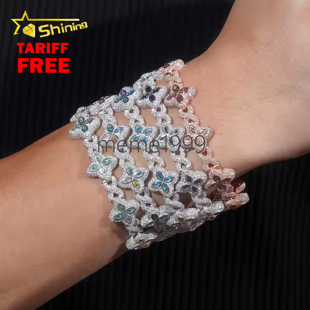 New Design Iced Out Colors Moissanite Cuban Link Chain Sterling Silver 925 Moissanite 15mm Bracelets Hip Hop Mens Jewelry