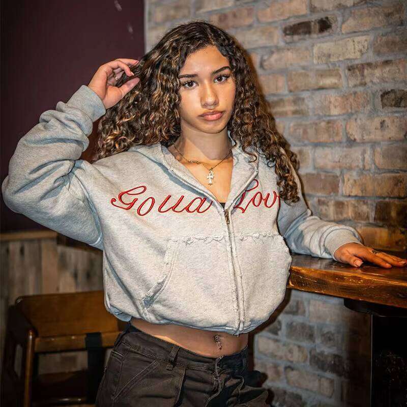 European American Embroidery Hoodie Women High Quality Short Length Sweatshirt Printed Technics for Winter