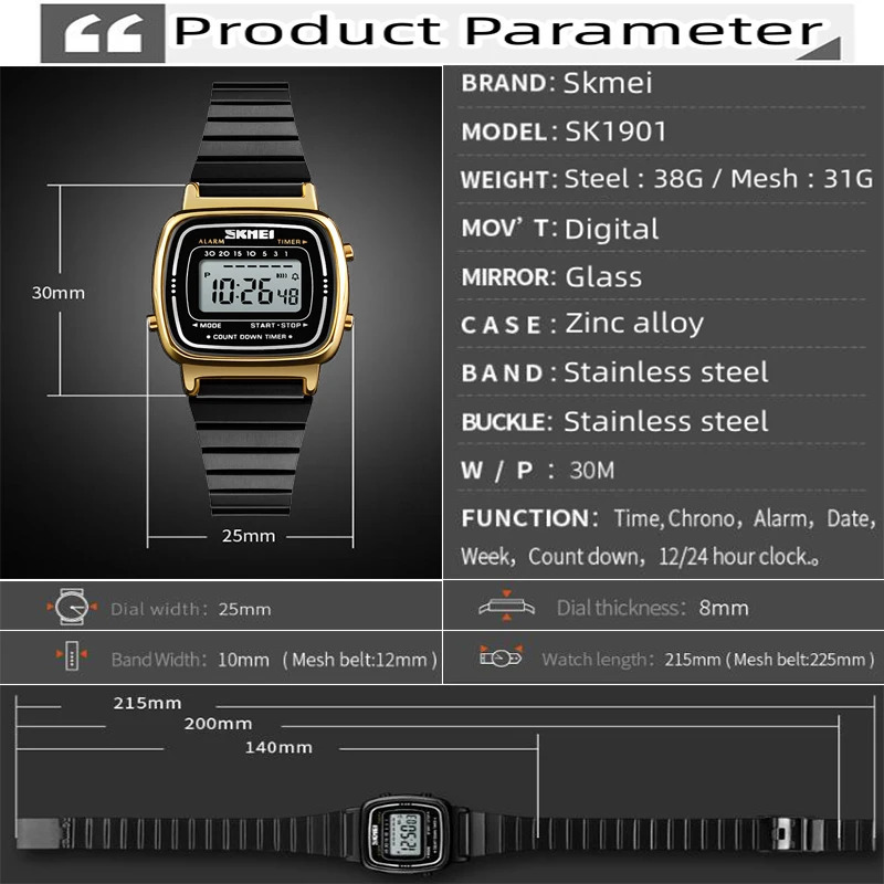 Skmei Women Bracelet Dress Watches Stainless Steel Strap Fashion Waterproof Digital Chronograph Wristwatch 250819
