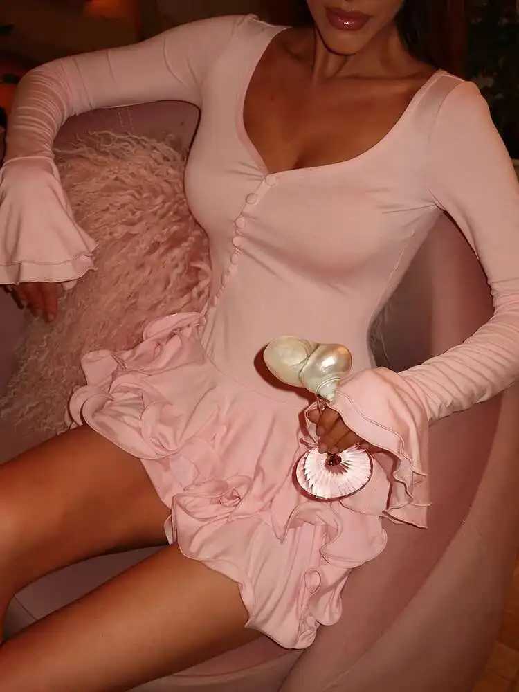 Blifanbo Flare Sleeve Ruffle Sexy V Neck Mini Dress Women Robe Irregular Single-breasted High Waist Slim A-line Club Dress M250623