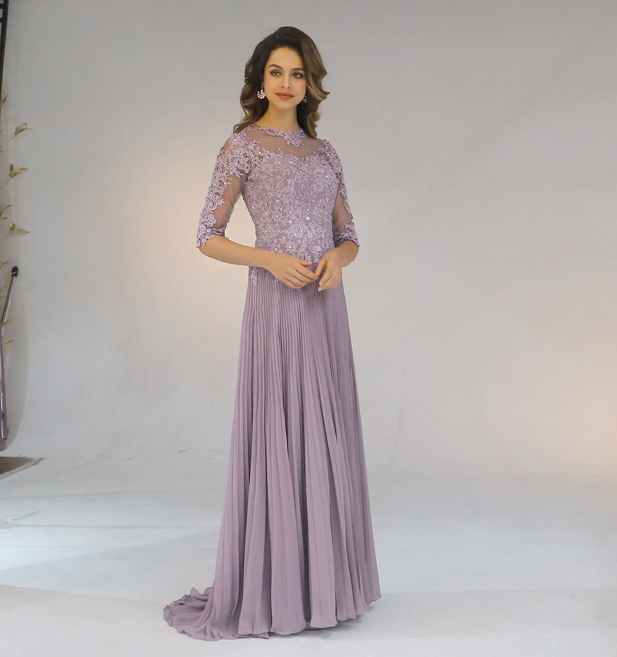 Werbowy Dress Chiffon Pleated Lace Applique A Line With 1/2 Sleeves Mother Of The Bride Dress Long Appliques Mother's Evening Dresses