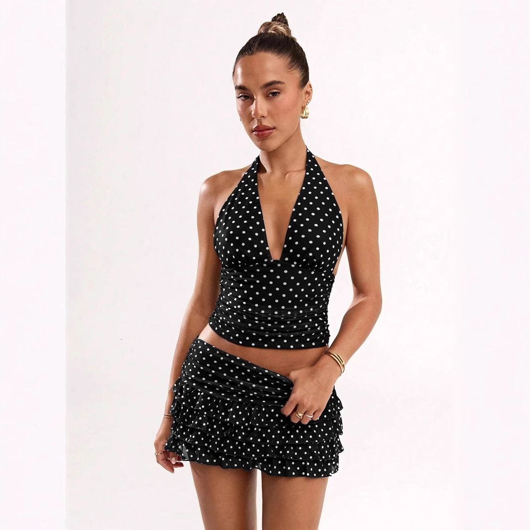 D9794 Womens Fashion Sexy Polka Dot Print Halter Neck Tank Top Ruffled Short Skirt Set