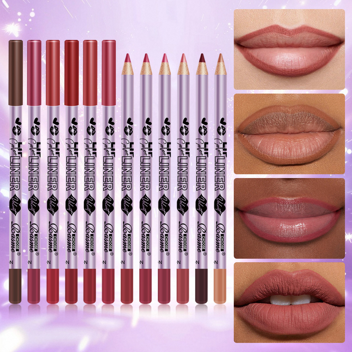 12 Colors Purple Lip Liner Set - Waterproof Matte Lip Pencils, Long Lasting Vegan Makeup Kit for Women