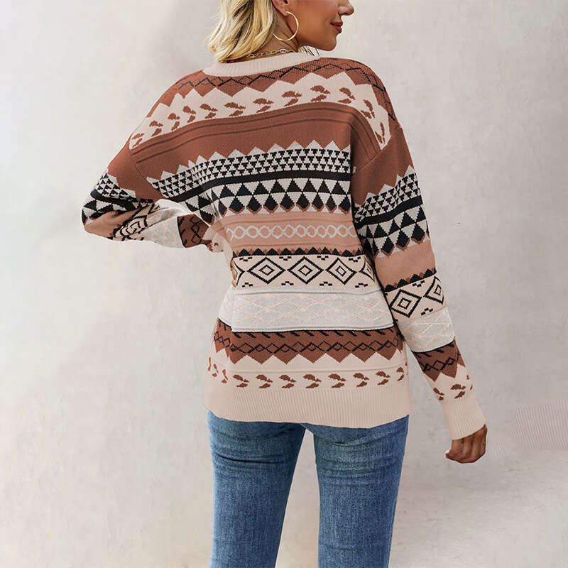 Autumn Winter New Women's Clothing Pattern Diamond Jacquard Multi-Color Spliced Knitted Sweater Pullover B5