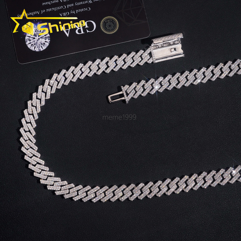 Popular Iced Out 10mm Width 2 Rows Moissanite Cuban Link Hip Hop Jewelry 925 Silver Necklace Custom Cuban Link Chain for Men