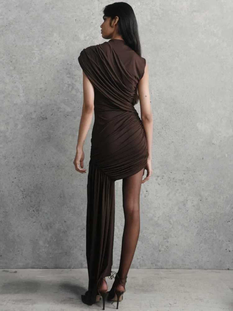 Mozision Irregular Draped Ruched Sexy Mini Dress For Women Elegant Turtleneck Sleeveless High Waist Pleated Club Party Dress M250623