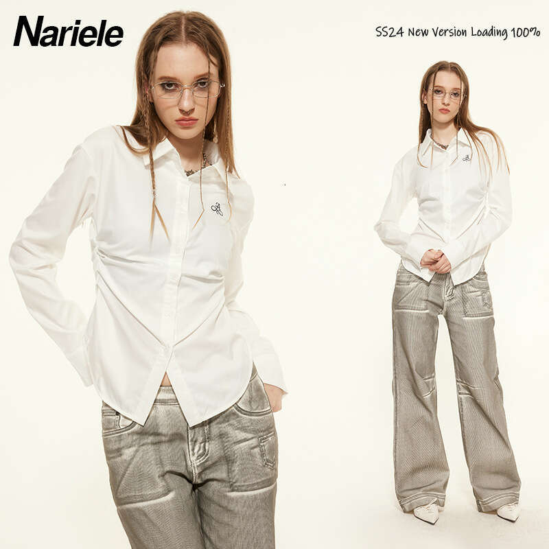 American Style Waist-Cinching Polo Collar Long Sleeve Shirt For Women, Unique Design, Niche Hot Girl Slim Fit Trendy Brand Top B5