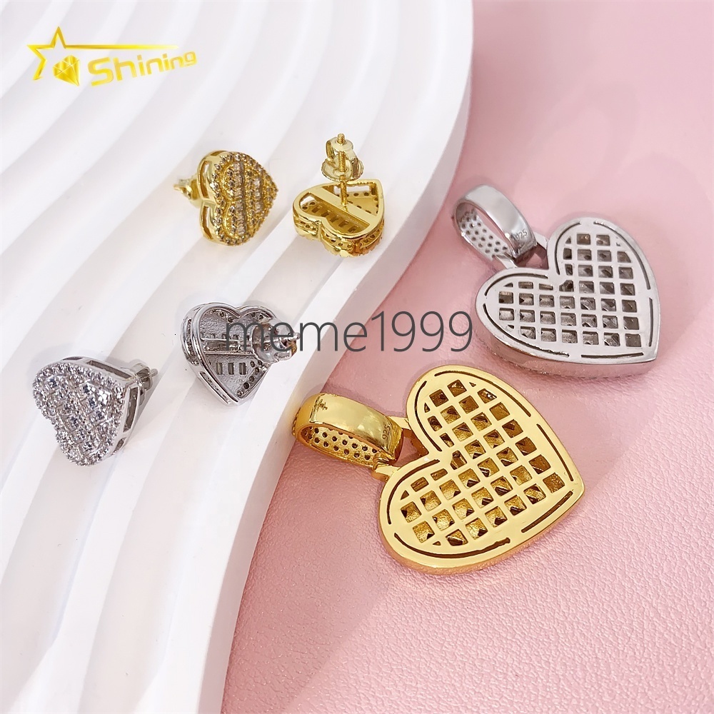 Iced Out 10k 14k Gold Silver baguette Moissanite Diamond Pendant Hiphop Custom Heart Pendant with Screw Back Stud Earrings