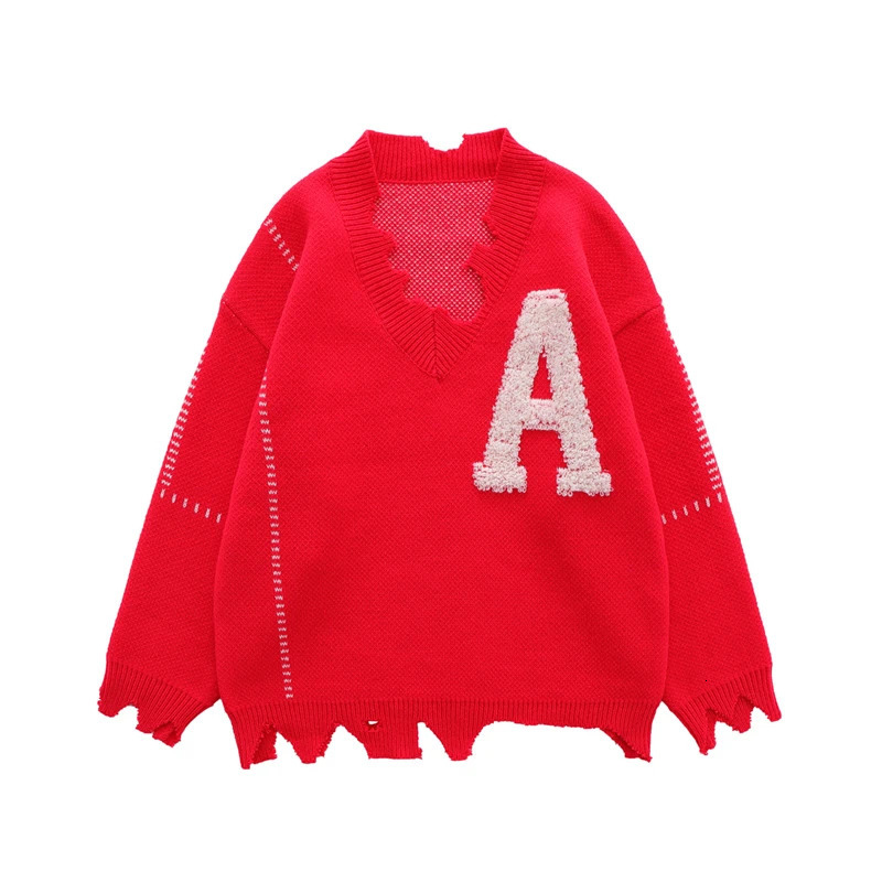 Irregular Hem Frayed Letter y V Neck Casual Sweaters Men and Women High Street Retro Pullover Knitted Autumn Clothes 250819
