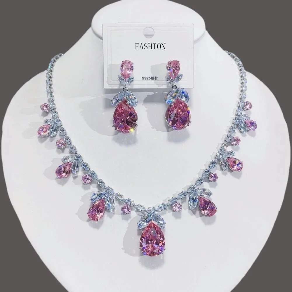 Waterdrop Pendant Jewelry Set Earring Pink Necklace For Women Bridal Wedding Exquisite Fashion Zircon Party Banquet Gift 250815