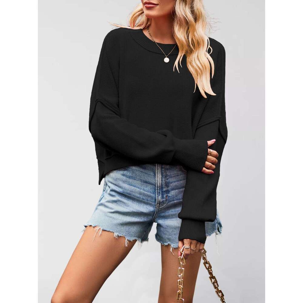 New Autumn Winter Women's Solid Color Fashion Round Neck Knitted Loose Pullover Sweater B5