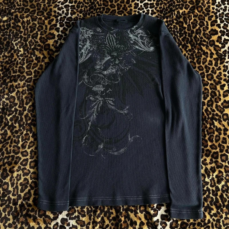 Y2K Grunge Cyber Mall Goth Thermal Tshirt Skulls Graphic Print Long Sleeve Pullovers Tops Women 90s Vintage Aesthetic Tees250826