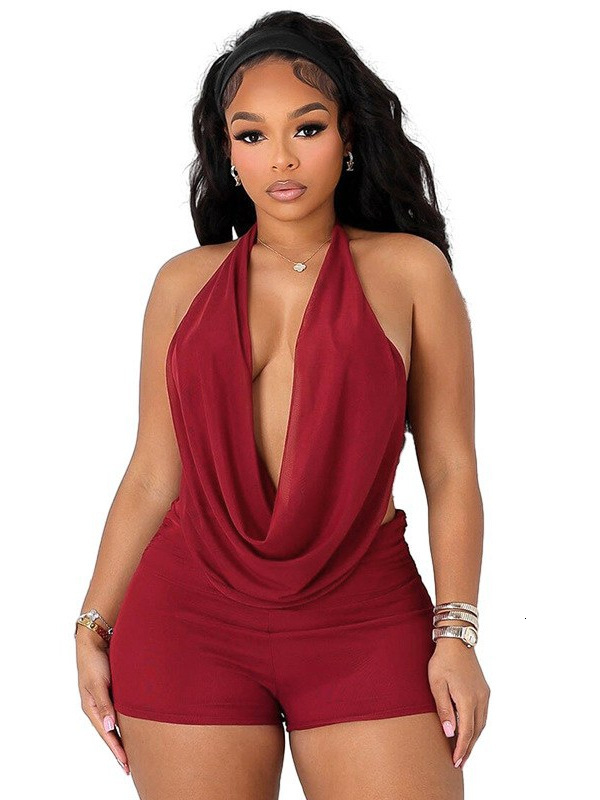 D9525 Womens Fashion Sexy Halter Neck Swing Collar Backless Tie Solid Color Mesh Two-Piece Set