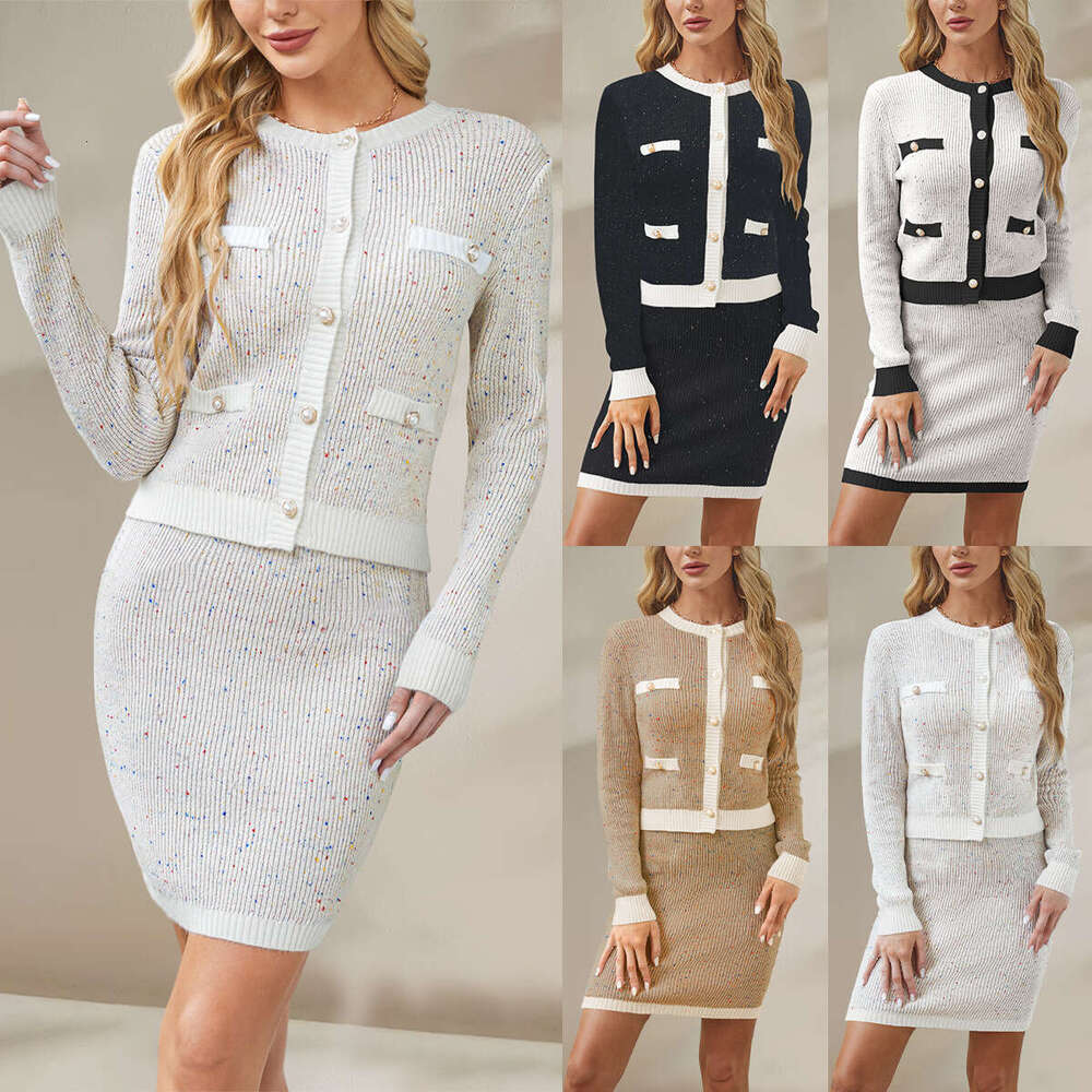 New Autumn Winter Temu Knitted Cardigan Pocket Button Chanel Style Women's Set B5