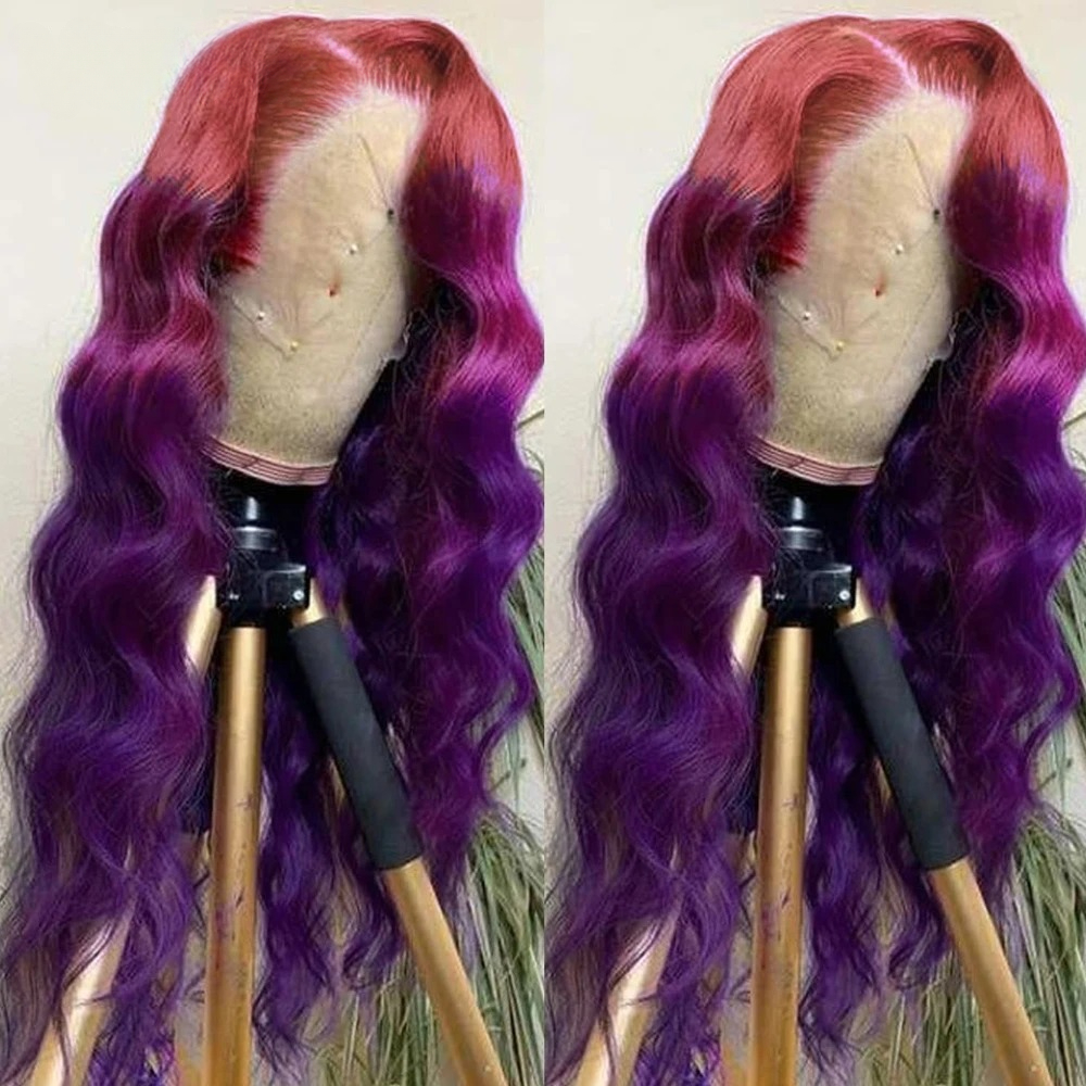Violet Colored Ombre Purple Body Wave Human Hair Wigs 13x4 Pre Plucked HD Transparent Lace Front Wigs 200% Density Ready To Go Synthetic For Wemon