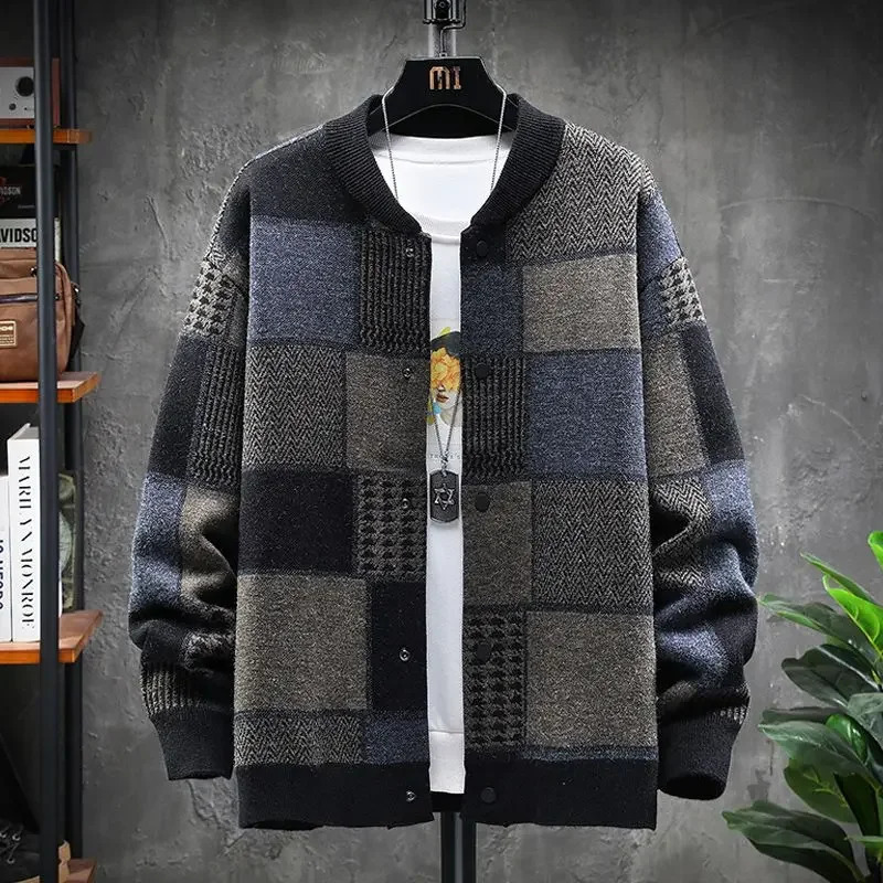 England Style Single Breasted Plaid Pattern Cardigan for Men Fall Winter Casual Loose Fit Baseball Collar Sweater Jacket 250819