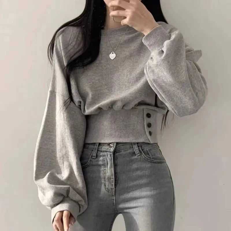 Autumn Women Solid O-Neck Slim Crop Top Lantern Sleeve With Button Sweat Casual Hip-Hop Sporty Pullover Sweet Chic Street Wear XJ250819