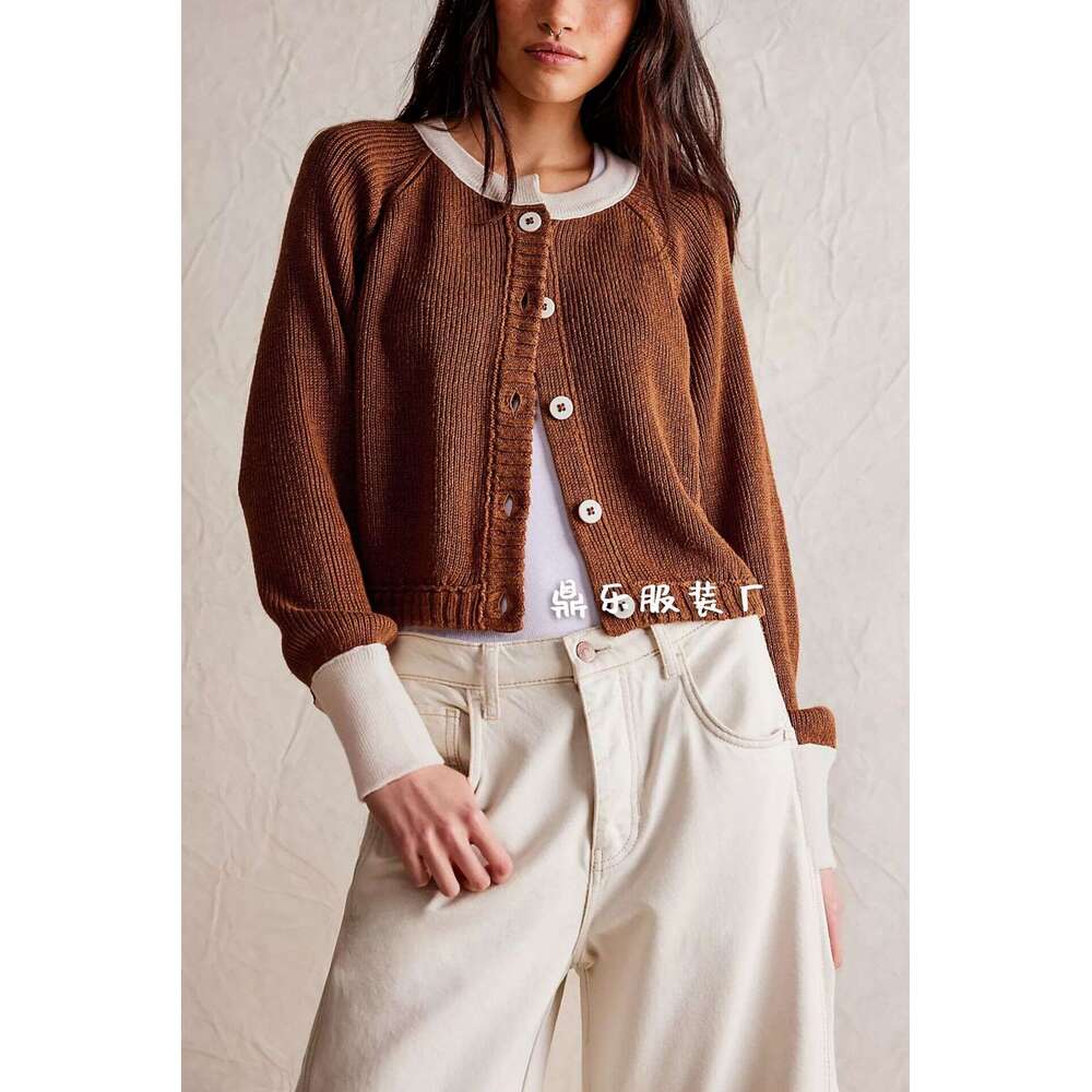 Autumn Winter New Temu Women's Color-Block Round Neck Cardigan Knitwear Single-Breasted Jacket B5