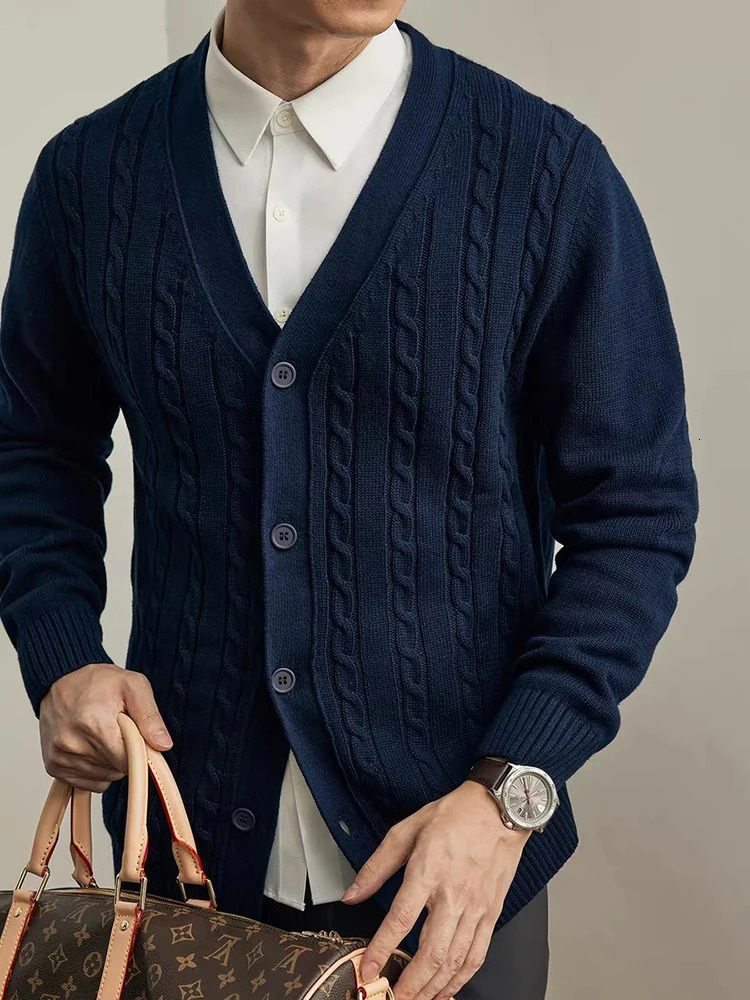 Mens Cable Knit Sweater Korean Autumn Winter Casual Cardigan VNeck Solid Color Outwear Coat Fashion Streetwear 250819
