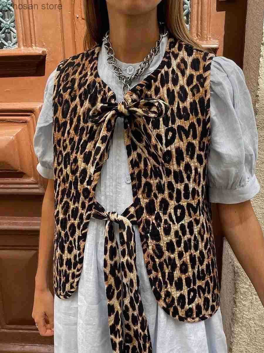 2024 Womens Leopard Print Waistcoat Bowknot Front Slveless VNeck Vest Casual Jacket Cardigan 250714 S250819
