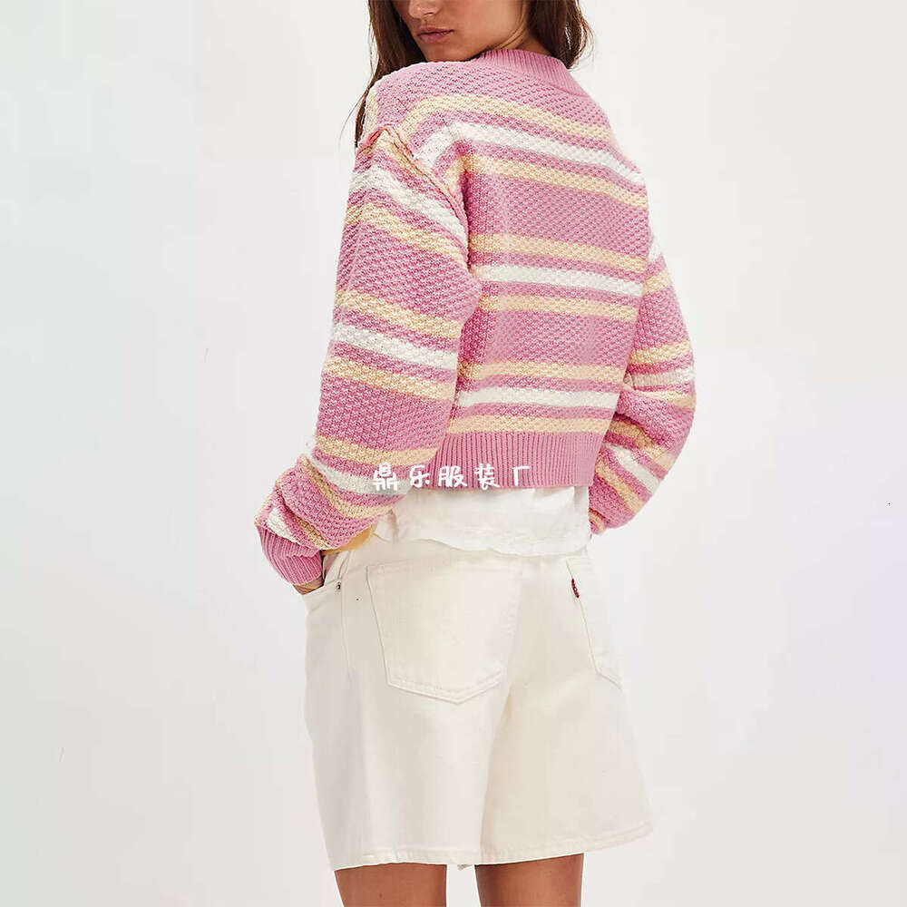 New Tiktok Autumn Winter Knitted Cardigan Striped Color Block Women's Button Coat B3