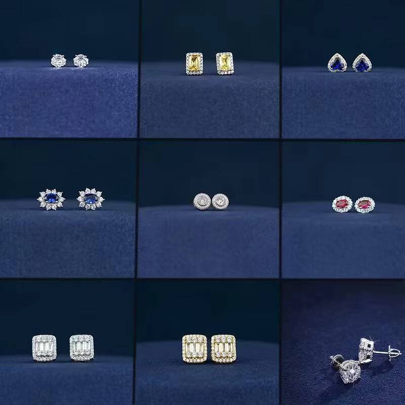 In stock Hip Hop Style 925 Sterling Silver Stud Earrings VVS Diamond Moissanite Gold Plated Iced Out with Luxury Gift Bag