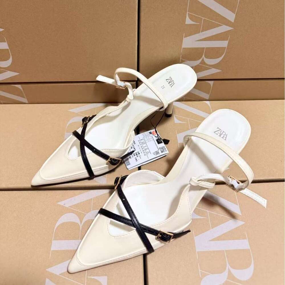 ZAKQ2025 Spring Summer New Strap High Heels Pointed Slimming Patent Leather Stiletto Cross Buckle Shoes Closed Toe