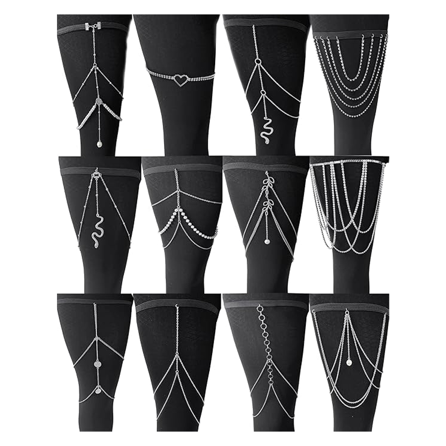 12Pcs Thigh Chains Snake Heart Pearl CZ Leg Chain Boho Layered Body Chain Summer Beach Party Body Jewelry for Women Silver Tone