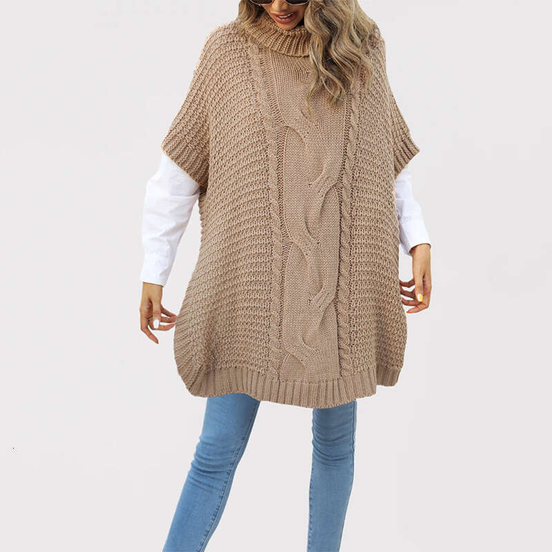 Women's Clothing Autumn Winter New High Neck Cable Knit Shawl Loose Half Sleeve Vest Sweater B5