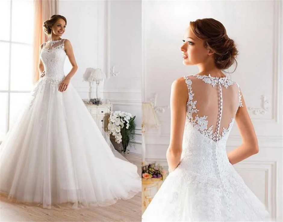 Beaded Lace Fluffy Illusion Backless Princess Bridal Ball Gowns Custom Made Sexy Illusion Jewel Neckline A-Line Sheer Wedding Dresses