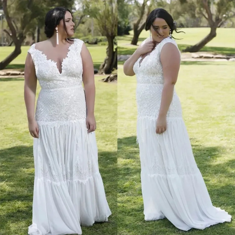 High Quality Lace Plus Size Beach Wedding Dresses V Neck Pleated Bohemian Bridal Gowns A Line Chiffon Floor Length Boho Robe De Mariee