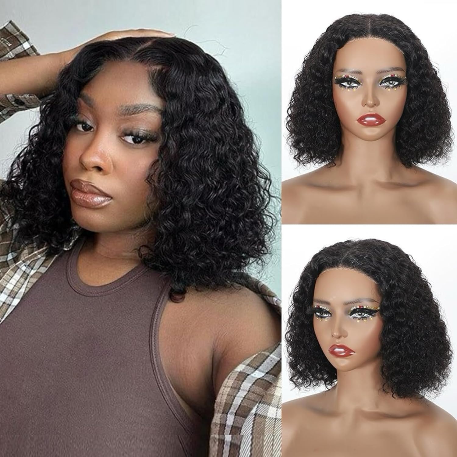 Curly Half Wig Human Hair Water Wave 200% Density Wear Go Glueless Wigs 24 Inch Wet and Wavy Curly Half Wigs for Women Drawstring Seamless Flip Over W