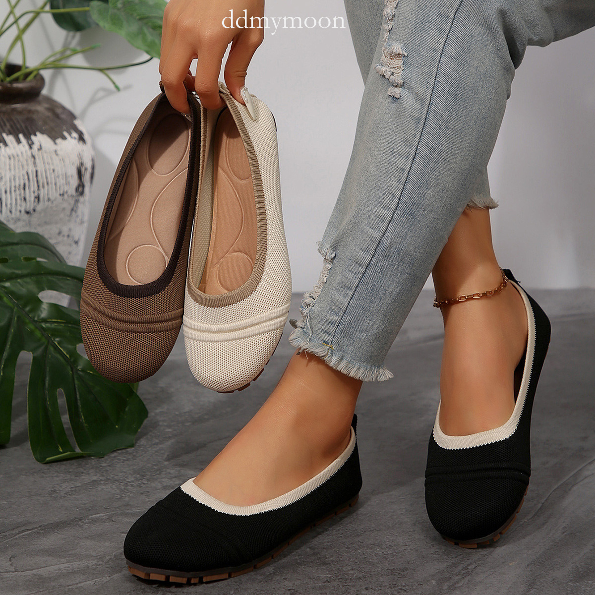 Plus Size 2025 Women's Spring Summer Breathable Knitted Shallow Mouth Mesh Shoes Flat Round Toe Slip-On Flats ddmymoon