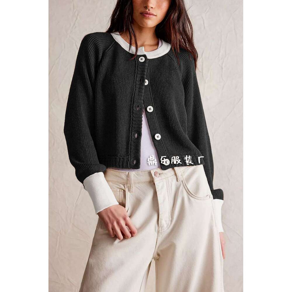 Autumn Winter New Temu Women's Color-Block Round Neck Cardigan Knitwear Single-Breasted Jacket B5