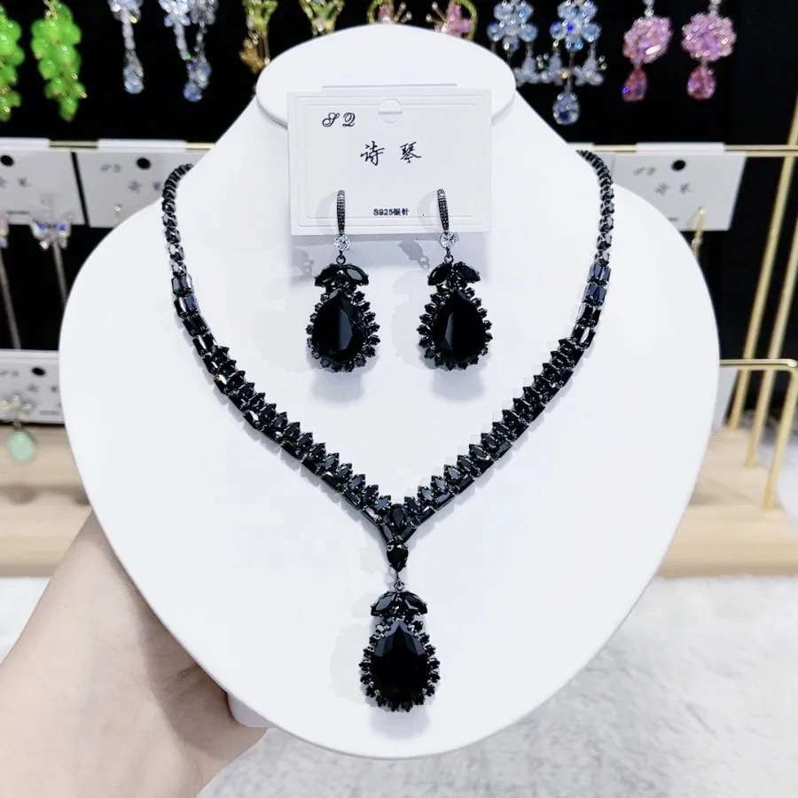 Women Fashion Trend Zircon Necklace Earrings Blue Drop Set 250815