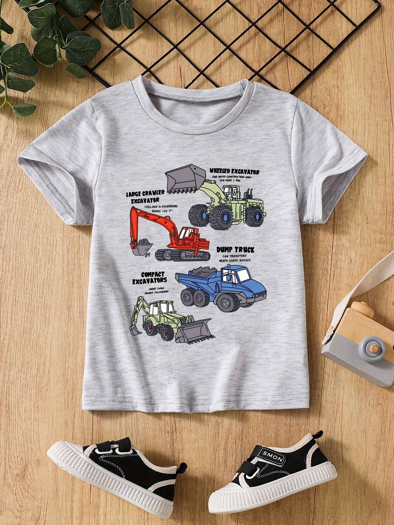 T-shirts Boys' Set of 3 Short-Sleeve Breathable Quick-Dry T-Shirts Featuring Mini Excavators