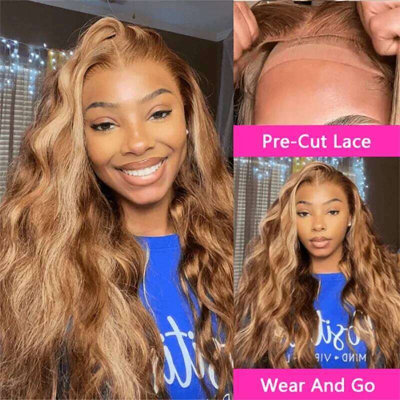 Glueless Highlight Body Wave Front Human Hair Wigs Colored Honey Brown 13X6 Frontal 7X5 HD Lace Closure Wig
