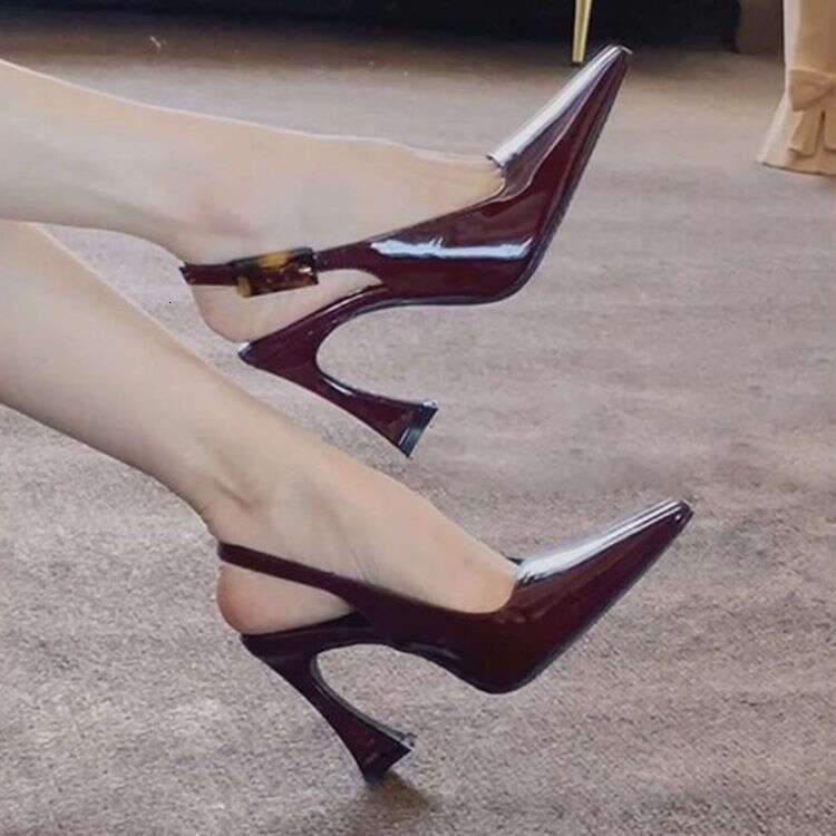 Mouth Shallow Buckle Burgundy Designer Shoe High Feminine Thin Heels Elegant Comfortable Back Strap Sandals 2025 Spring New Style