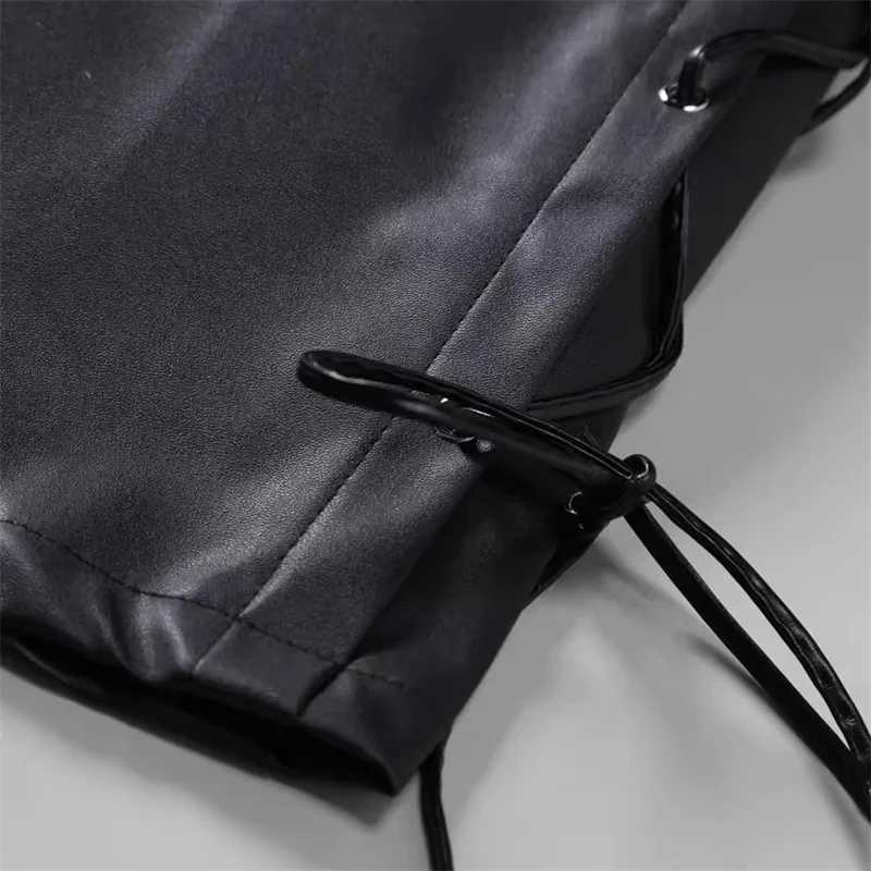 2024 Fashion High Street Mens Hot Loose Faux Leather Pants Unique Design Tied Casual Trousers W250819