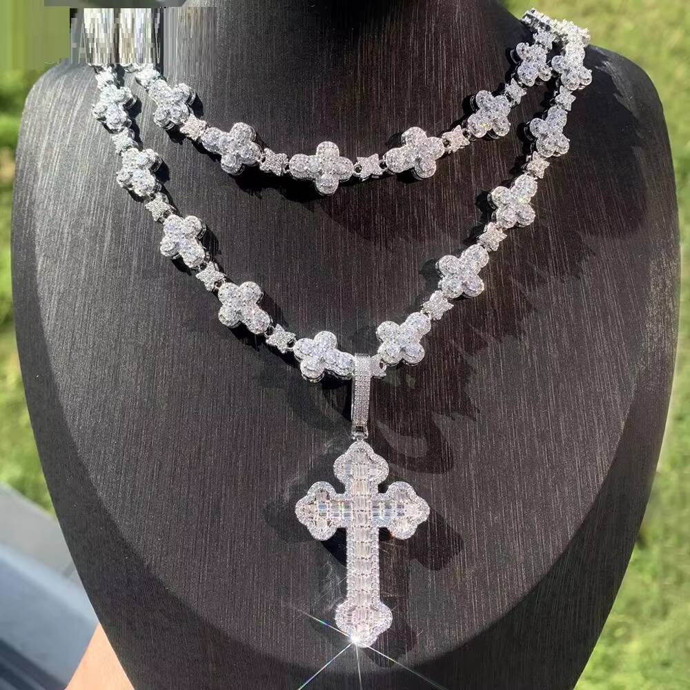 In Stock Iced Out Bling Rectangle Moissanite Hip Hop Cross Pendant Necklace Cross Chain Fine Jewelry Set for Men