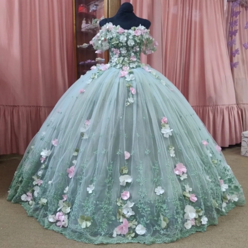 Light Green Shiny Princess Sweet 16 Dress Dress Quinceanera Dresses Applique Flower Tull Party Birthday Vestidos 15 De Anos