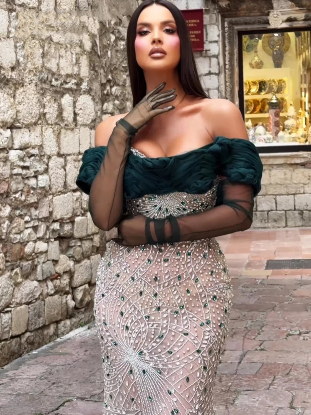 Gorgeous Mermaid Evening Dress Off Shoulder Crystal Beaded Prom Gowns Sleeveless Floor Length Party Dresses Customized